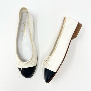 NEW Vintage Chanel Cap Toe Two Tone Bow Ballet Flats Shoes White Black 36.5 6.5